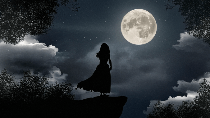 a silhouette of a woman on a clifftop looking at a full moon